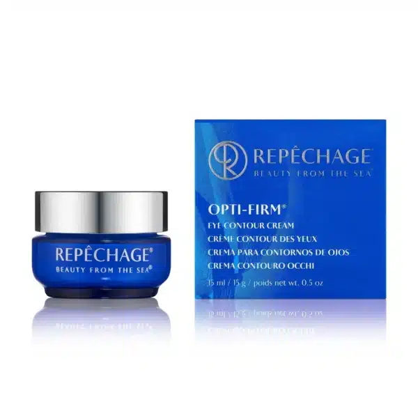 Repechage Opti-Firm Eye Contour Cream -silmänympärysvoide, sininen purkki ja pakkaus. 15 ml. “Beauty From The Sea” -slogan.