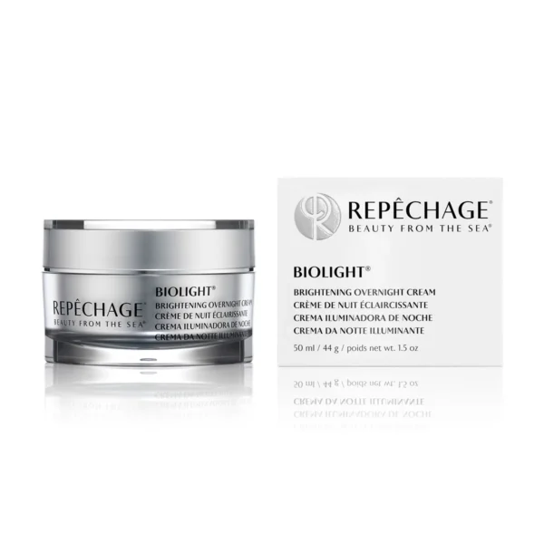 Repêchage Biolight kirkastava yövoide, 50 ml. Hieno hopeanvärinen purkki ja tuotepakkaus valkoisella taustalla.