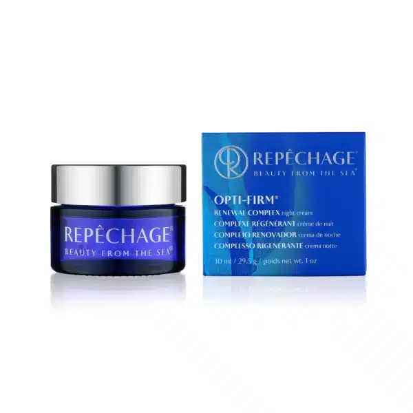 Repechage Opti-Firm Renewal Complex -yövoide 30 ml, sininen purkki ja pakkaus. Merestä johdettu ihonhoito tuote.