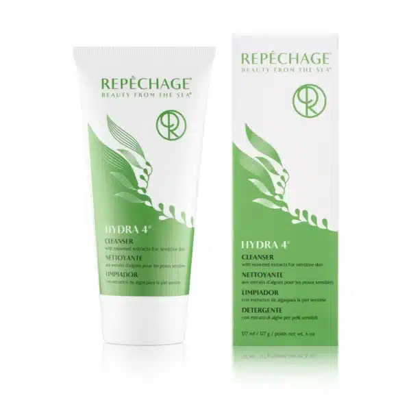Repêchage Hydra 4 -puhdistusaine herkälle iholle, sisältää merileväuutteita. Kuvassa tuote pakkaus ja putkilo. Tilavuus 177 ml.