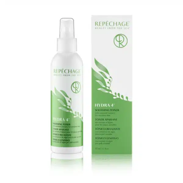 Repêchage Hydra 4 Soothing Toner - rauhoittava kasvovesi leväuutteilla herkälle iholle. Pullo ja pakkaus vihreällä ja valkoisella kuviolla.