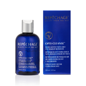 Repechage Opti-Cleanse -silmänympärysmeikinpoistoaine, 120 ml sinisessä pullossa ja pakkauksessa. Teksti: "Beauty from the sea".