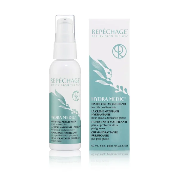Repechage Hydra Medic -mattaava kosteusvoide rasvaiselle ja ongelmalliselle iholle. Pullo ja tuotepakkaus vihreällä lehtikuviolla. 60 ml.