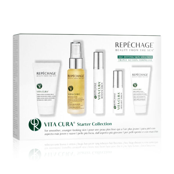 Repechage Vita Cura -aloituspakkaus, sisältää kasvojen puhdistusvoiteen, kasvoveden, kaksi seerumia ja päivävoiteen anti-age-ihonhoitoon.