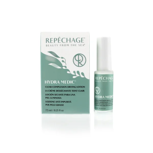 Repechage Hydra Medic Clear Complexion Drying Lotion 7.5 ml laatikko ja pullo, ihon epäpuhtauksia hoitava voide rasvaiselle iholle.