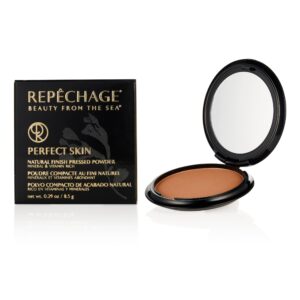 Repechage Perfect Skin -meikkipuuteri avonaisessa rasiassa, vieressä tuotepakkaus jossa tuotenimet ja tiedot.