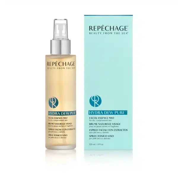 Repechage Hydra Dew Pure -kasvovesi suihkeessa kuiville ja vaurioituneille ihotyypeille. Tuote ja pakkaus 120 ml.