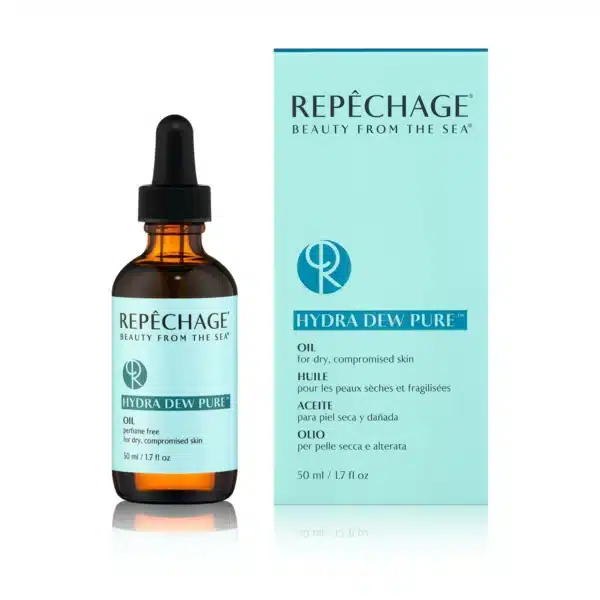 Repechage Hydra Dew Pure -kuivaöljy. 50 ml lasipullo pipetillä ja vaaleansininen tuotepakkaus. Hoito kuivalle, vaurioituneelle iholle.