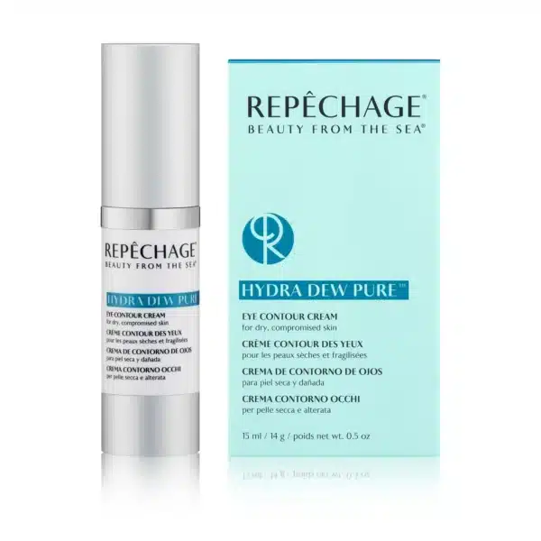 Repêchage Hydra Dew Pure silmänympärysvoide kuivalle, herkistyneelle iholle; 15 ml pullo ja sininen laatikko tuotteen logolla ja tiedoilla.