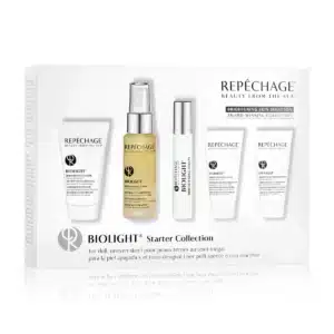 Repechage Biolight aloituspakkaus sisältää kirkastavia ihonhoitotuotteita epätasaiselle iholle; puhdistusaine, kasvovesi, seerumi ja kaksi voidetta.
