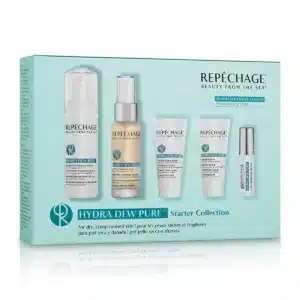 Repechage Hydra Dew Pure Starter Collection -pakkaus sisältää viisi ihonhoitotuotetta kuivalle ja vaurioituneelle iholle, dermatologisesti testattu ja hajusteeton.