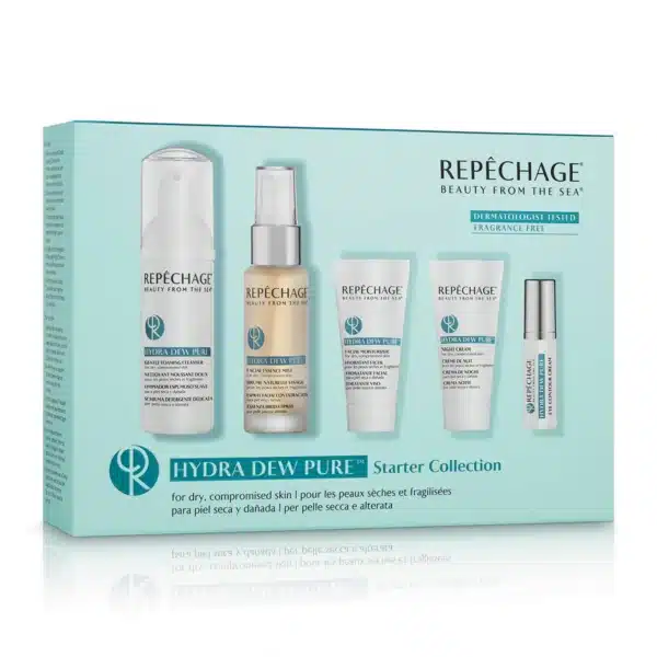 Repechage Hydra Dew Pure Starter Collection -pakkaus sisältää viisi ihonhoitotuotetta kuivalle ja vaurioituneelle iholle, dermatologisesti testattu ja hajusteeton.