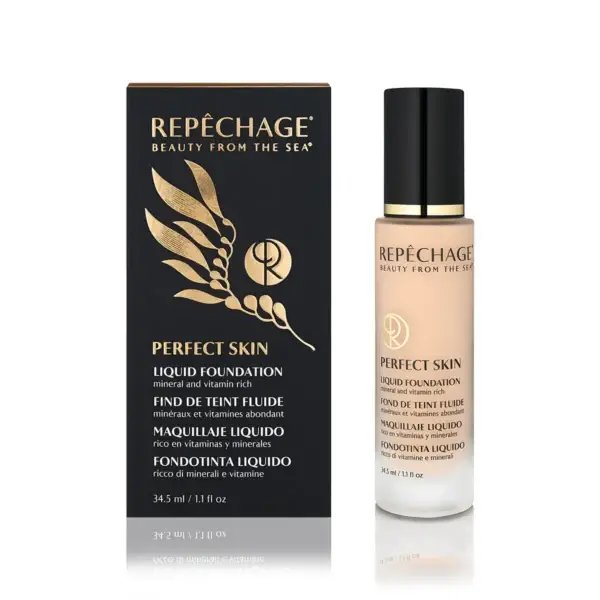 Repêchage Perfect Skin Liquid Foundation. Kasvomeikki, joka on rikastettu mineraaleilla ja vitamiineilla. Purkki ja pakkaus mustalla ja kultaisella.