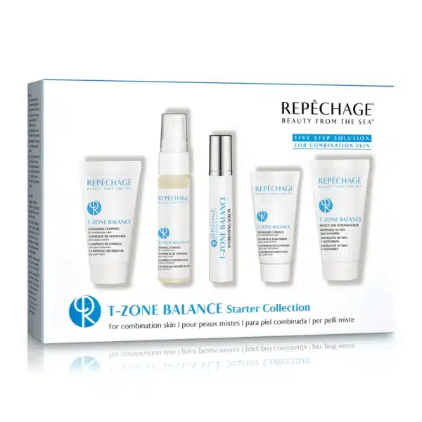 Repechage T-Zone Balance Starter Collection -kasvohoitosetti sekaiholle. Sisältää puhdistusaineen, kasvoveden, seerumin, kosteusvoiteen ja kuorinnan.