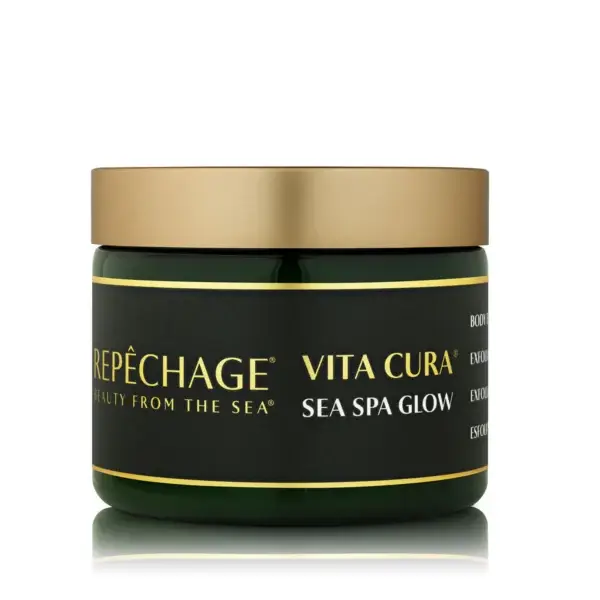 Repechage Vita Cura Sea Spa Glow -kuorinta, 283 g purkki kullaolla kannella. Tehokas vartalon kuorinta sileälle ja hehkuvalle iholle.