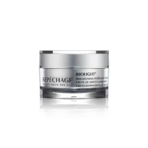 Repêchage Biolight Brightening Overnight Cream -yövoide valaisee ja kosteuttaa ihoa, 50 ml hopeanvärisessä purkissa.