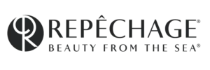Repêchage-logo, jossa näkyy yrityksen nimi ja tunnuslause "BEAUTY FROM THE SEA" mustalla tekstillä valkoisella taustalla.